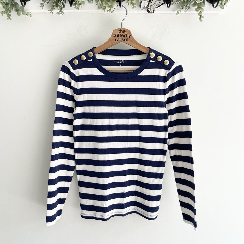 J. Crew Blue And Whote Striped Gold Buttoned Perfect Fit Sweater Size S r-813